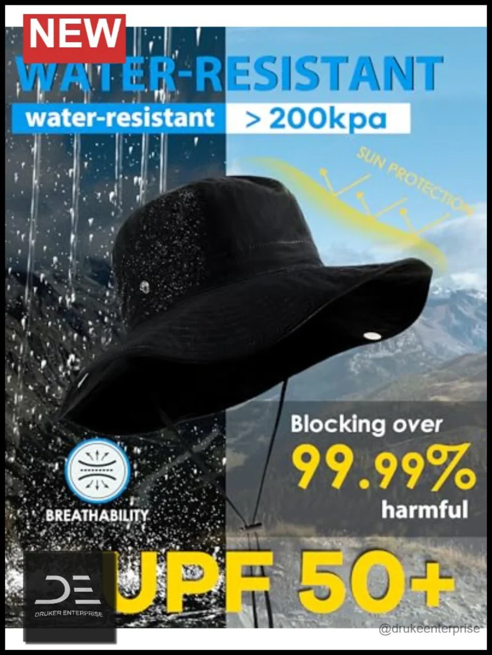 Waterproof UPF50+ Bucket Sun Hat Wide Brim Lightweight Nylon Foldable Floppy